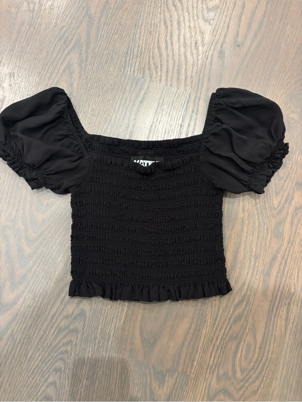 Katie J NYC Black Smocked Puff-Sleeve Top